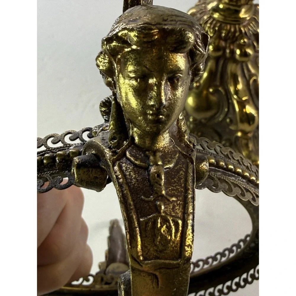Vintage Hollywood Regency Cut Crystal Candy Dish Brass Cherub Lidded Compote